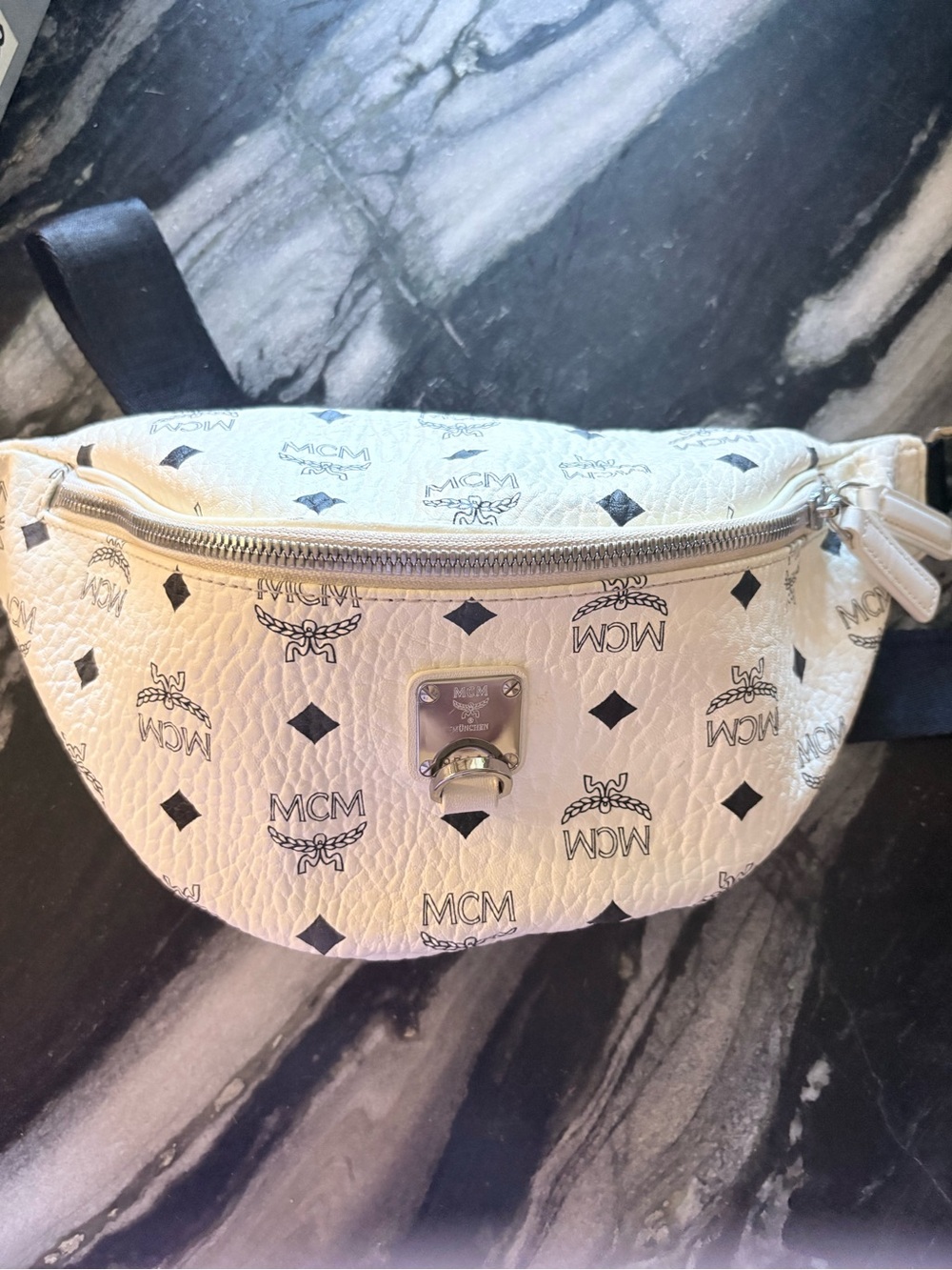 MCM White Visetos Logo Crossbody Belt Bag